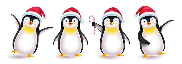 Pingwin Boże Narodzenie Znaków Wektor Zestaw. Postać 3d Pingwina W Przyjaznej I Uroczej Pozie I Gestach
