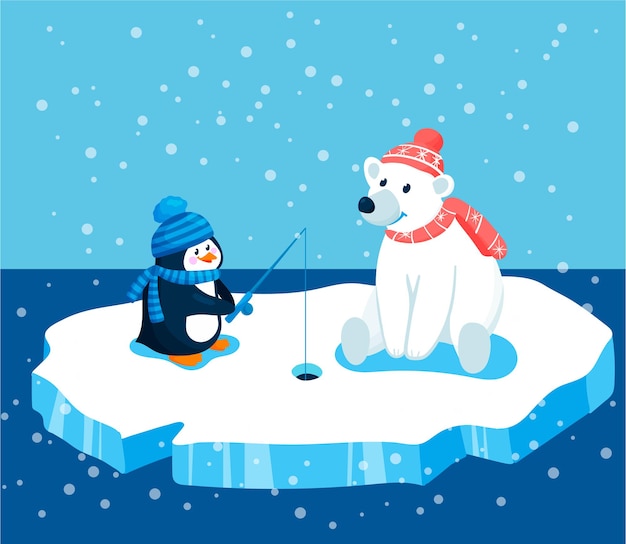 Pingwin I Niedźwiedź Polarny Połowu Ryb Na Lodzie W Morzu Na Wędkę.