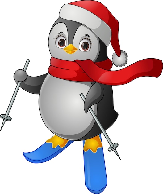 Pingwin Kreskówka Na Nartach Na Białym Tle