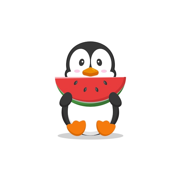 Pingwin Z Kreskówki Kawaii Jedzący Arbuz Na Białym Tle
