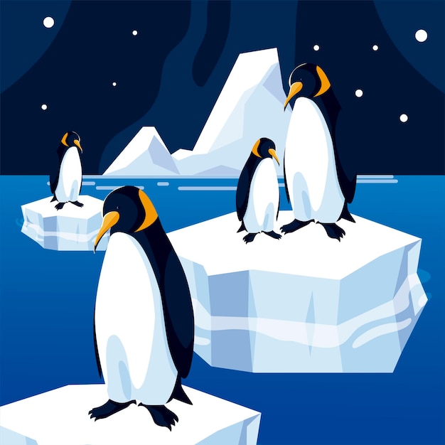 Pingwiny Na Pływającej Góry Lodowej Morze Nocne Niebo Ilustracja