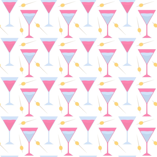 Pink martini drink glass with olive garnish Seamless martini cocktail pattern for party