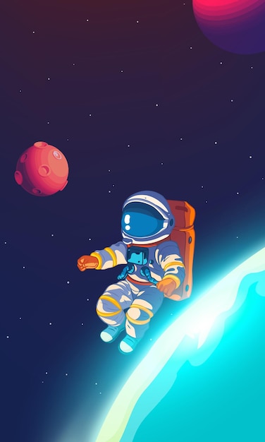 Pionowa ilustracja astronautów badających przestrzeń kosmiczną z gwiazdami i planetami w tle