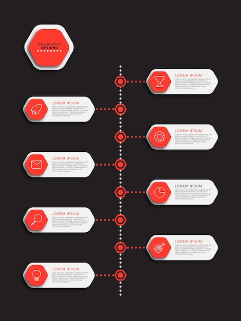 Pionowa Infografika Szablon Osi Czasu Z Ośmioma Czerwonymi Sześciokątnymi Opcjami Na Czarnym Tle