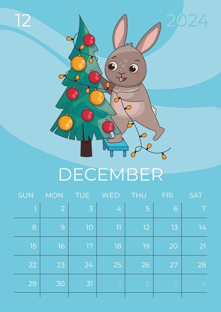 Plik wektorowy pionowy kalendarz dla dzieci 2024 miesiąc grudzień królik stoi na stołku i zdobi drzewko