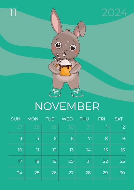 Plik wektorowy pionowy kalendarz dla dzieci 2024 miesiąc listopad zając w ciepłych butach trzyma kubek z gorącym napojem