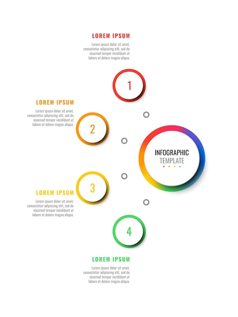 Pionowy Szablon Infografiki Z Czterema Okrągłymi, Wielokolorowymi Elementami Na Białym Tle