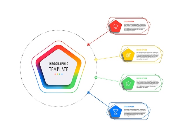 Pionowy Szablon Infografiki Z Czterema Wielokolorowymi Pięciokątnymi Elementami Na Białym Tle