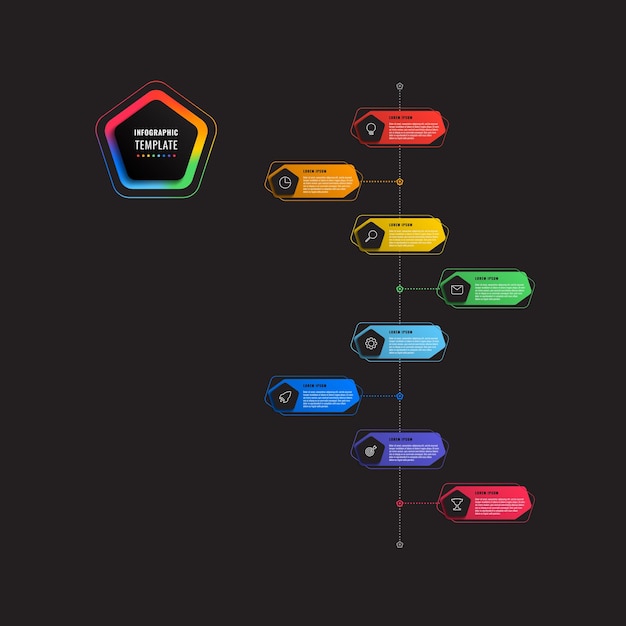 Pionowy Szablon Infografiki Z Ośmioma Krokami Osi Czasu Z Pięciokątami I Wielokątnymi Elementami Na Czarno