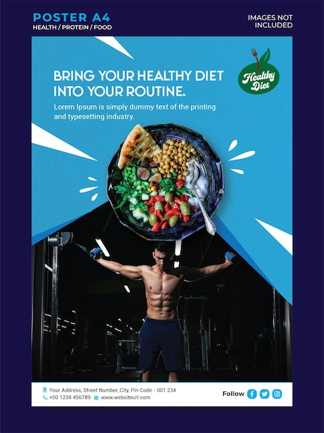 Plik wektorowy pionowy szablon plakatu w kolorze niebieskim dla diety białkowej i siłowni z wektorem kobiety