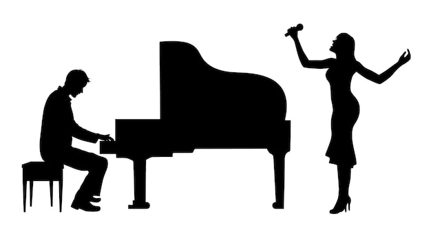 Piosenkarz śpiewa, Podczas Gdy Mężczyzna Pianista Gra Na Fortepianie Sylwetka Mężczyzny Pianista Pianista
