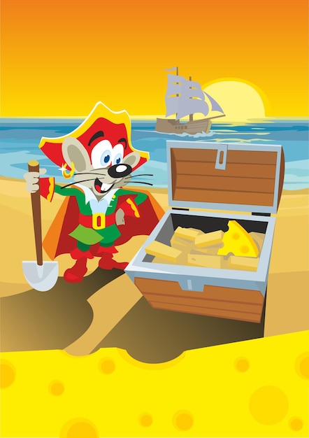 Pirat myszy komiksowej znalazł skarb z serem. Płaskie ilustracji wektorowych.