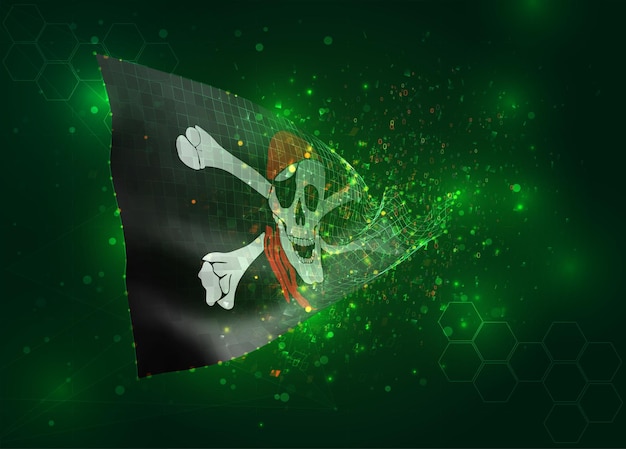 Pirat na wektor 3d flaga na zielonym tle z wielokątami i numerami danych