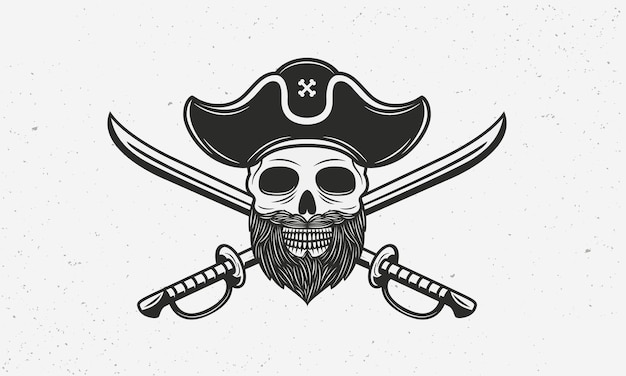 Pirate Captain vintage logo szablon Pirate logo Czaszka z brodą piratów kapelusz i skrzyżowane miecze