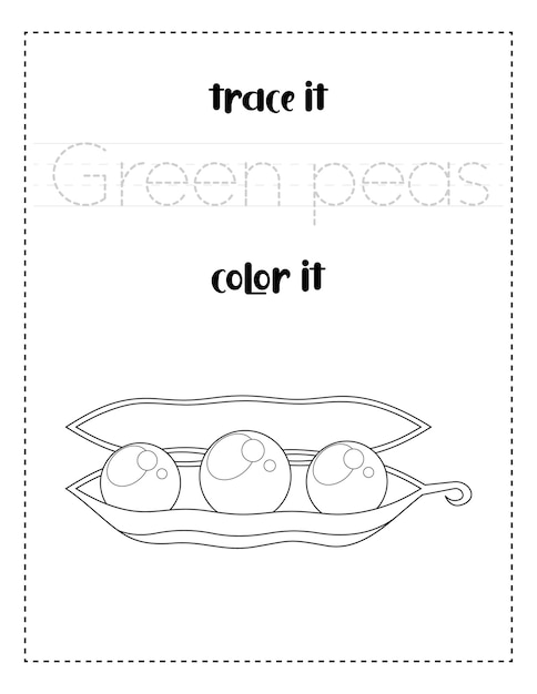 Plik wektorowy pismo odręczne śledzenie słów i kolor zielony groszek warzywa praktyka pisania odręcznego dla dzieci
