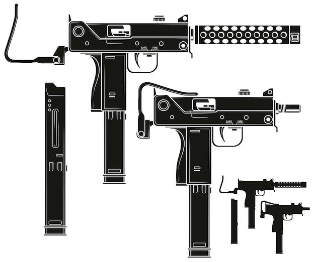 Plik wektorowy pistolet maszynowy z graficzną sylwetką z magazynkiem na amunicję