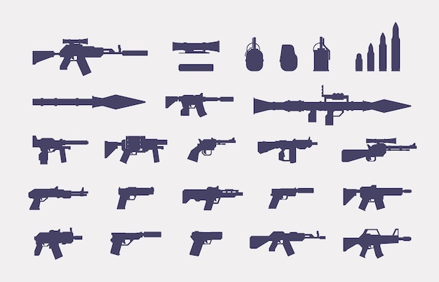 Plik wektorowy pistolety sylwetka wojskowe ikony broni palnej do projektowania rpg armia arsenał broń i amunicja pistolet strzelba granat rewolwer wyrzutnia wektor płaski zestaw