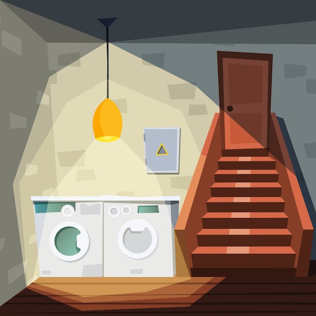 Plik wektorowy piwnica. kreskówka dom pokój z piwnicą z pralki pralki schody wnętrze magazynu ilustracje wewnętrzne