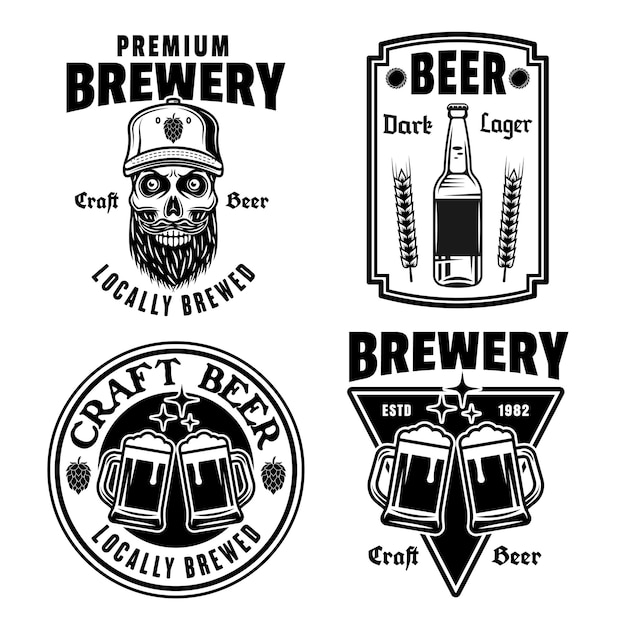 Piwo i browar zestaw emblematów wektorowych, etykiet, odznak lub logo w monochromatycznym stylu vintage izolowanym na białym tle