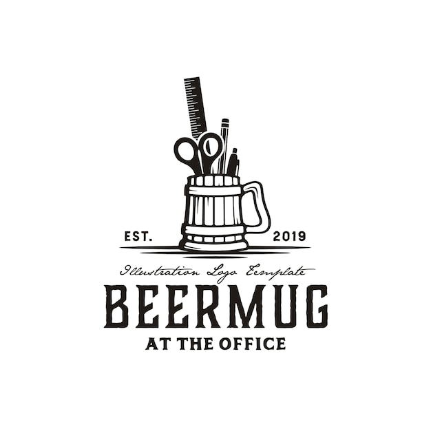 Piwo Kubek I Narzędzia Biurowe Ręcznie Rysowane Ilustracja Rocznika Logo