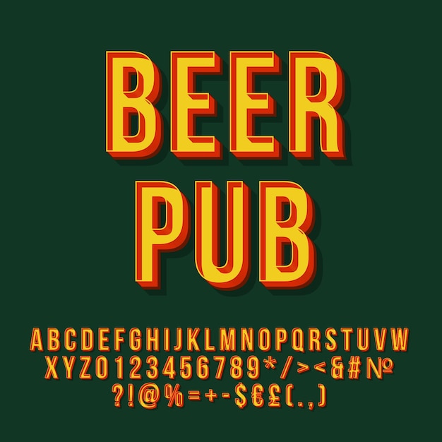 Piwo Pub Vintage 3d Wektor Napis Retro Pogrubiona Czcionka Pop-art Stylizowany Tekst Old School Styl Litery Cyfry Symbole Opakowanie 90s Plakat Baner Szyld Typografia Projekt Zielony Kolor Tła