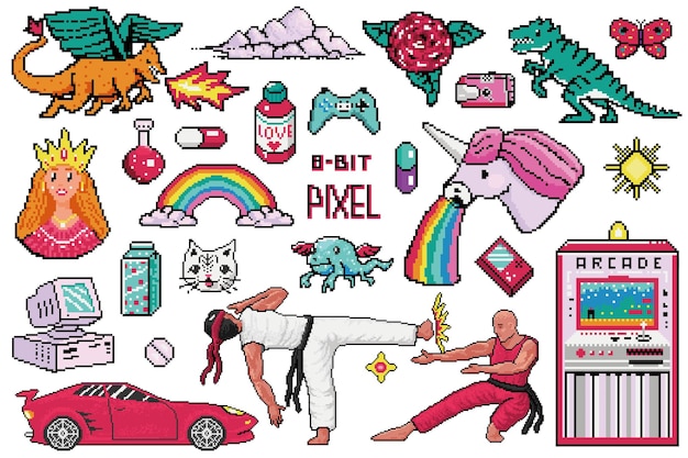 Plik wektorowy pixel art 8 bit obiekty retro cyfrowe aktywa gry zestaw różowych ikon mody vintage girly naklejka