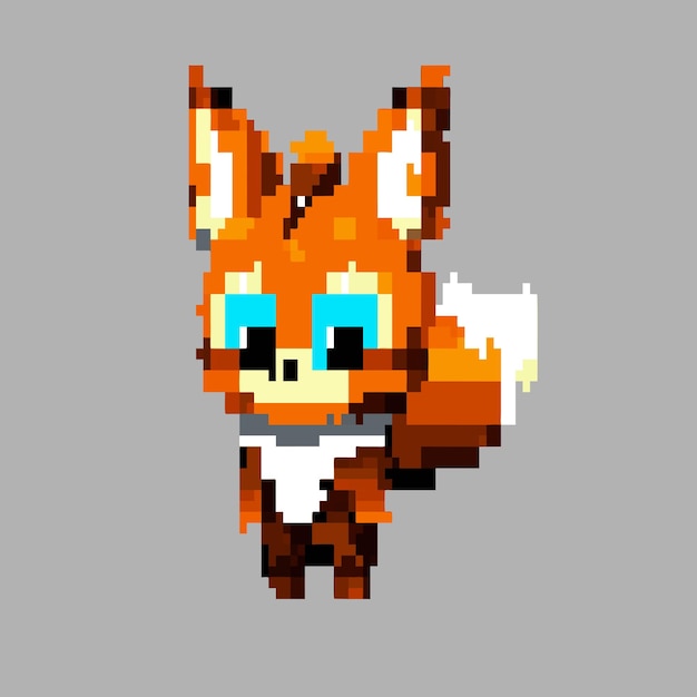 Pixel Art animowana postać 8 bitów 16 bitów design zabawny lis niebieskie oczy