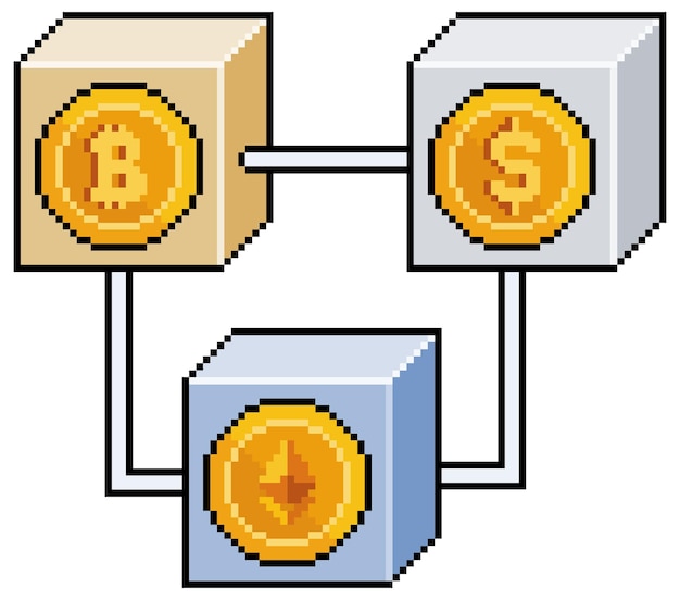 Pixel Art Blockchain Kryptowaluta Sieciowa Ikona Wektora Do Gry 8-bitowej Na Białym Tle