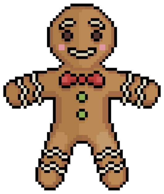 Pixel Art Christmas Piernikowy Człowiek Boże Narodzenie Ikona Wektor Cookie Dla Gry 8-bitowej Na Białym Tle