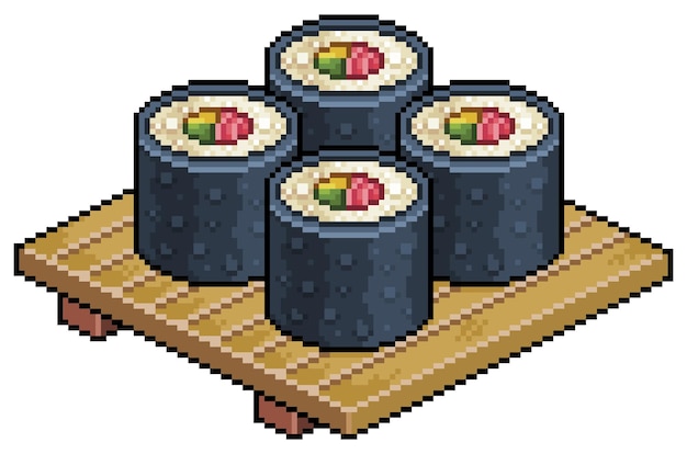 Plik wektorowy pixel art futomaki, tekka maki na drewnianej desce do ikony wektora sushi do gry 8-bitowej