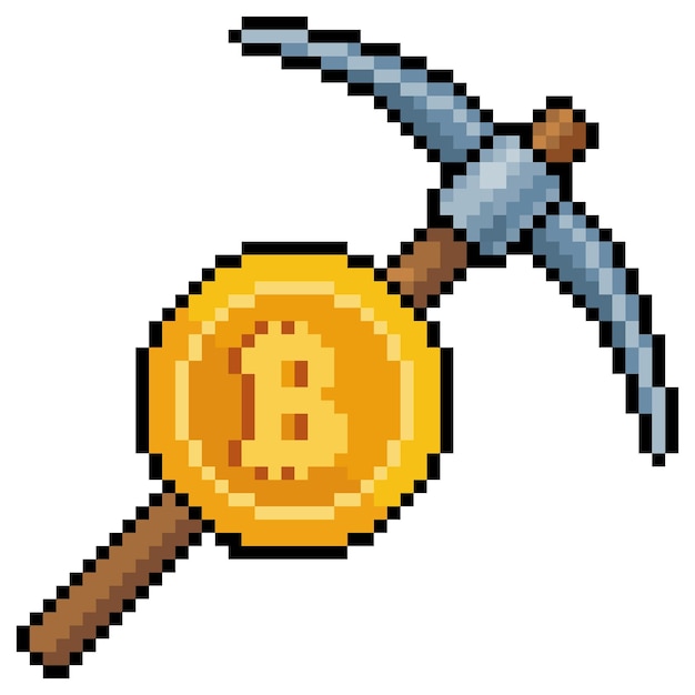 Pixel art kilof i bitcoin Ikona wektora wydobywania bitcoinów i kryptowalut do gry 8-bitowej