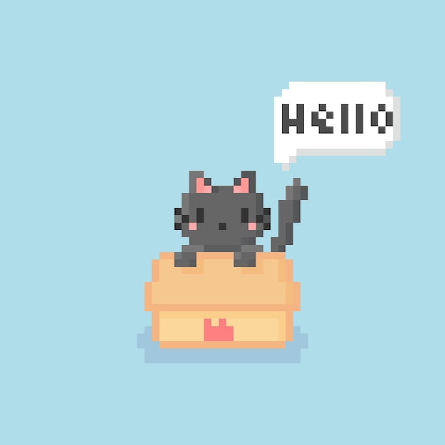 Pixel art słodkiego kotka w pudełku