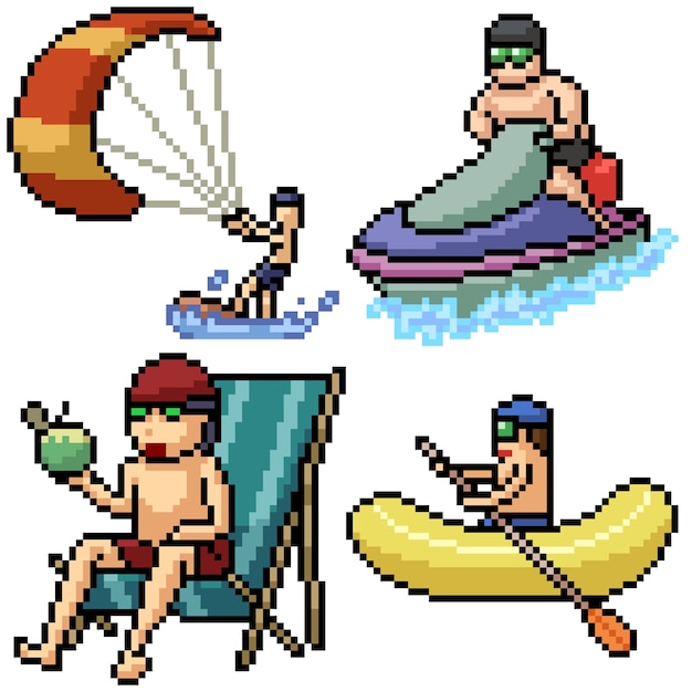 Pixel Art Ustawia Odizolowaną Aktywność Na Plaży