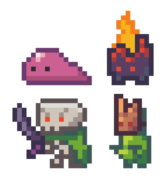 Pixel game style Slime płonący szkielet potwora z mieczem potwora w masce odizolowany na białym tle Pixelated npc w grze mobilnej Świat 8-bitowej grafiki gry w stylu lat 80. atakującego potwora