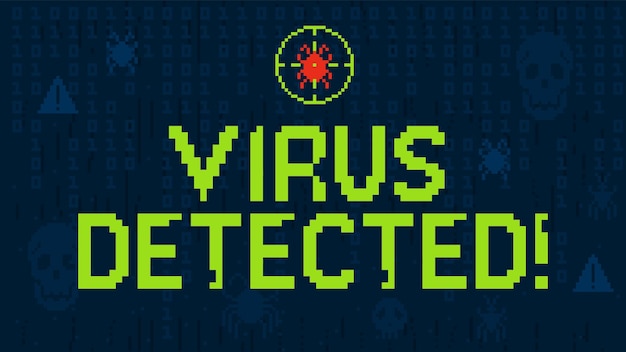 Pixelated virus detection alert screen Pixel art cybersecurity warning computer malware notification with threat target crosshair and binary code Malicious software 8 bit vector illustration