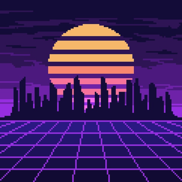 Plik wektorowy pixelowa fioletowa siatka z nocnym miastem i słonecznym tłem