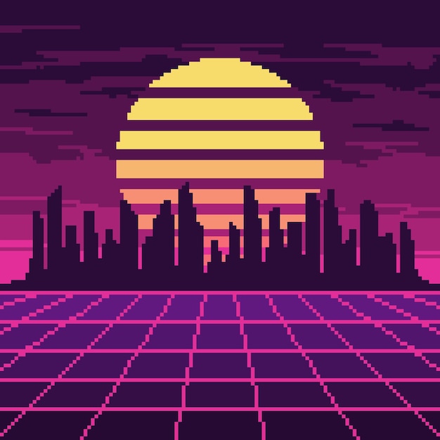 Plik wektorowy pixelowa fioletowa siatka z tłem miasta i słońca