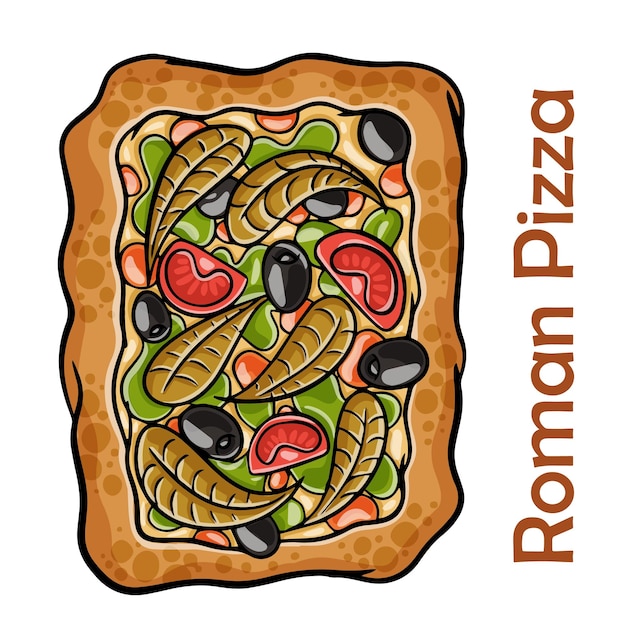 Pizza Cezar z kurczakiem anchois rzymska wiśnia kalamata kapary pesto rzymska pizza prostokątna na białym tle