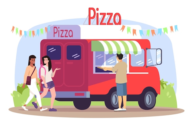 Pizza Food Truck Płaski Wektor Ilustracja