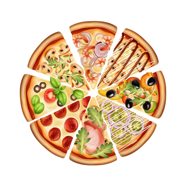 pizza okrągła pokrojona w plastry z różnymi wariantami nadzień