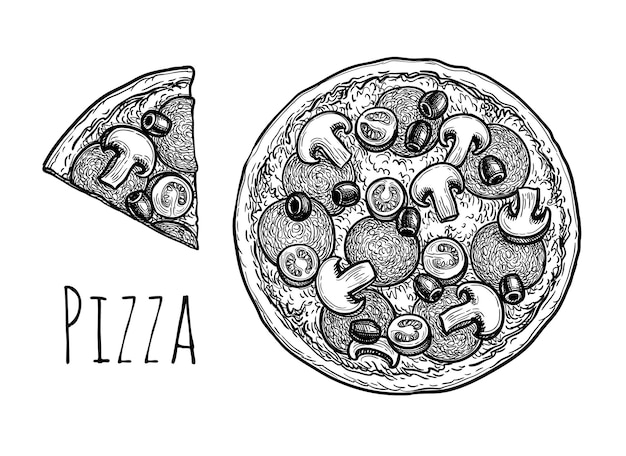 Plik wektorowy pizza z grzybami, oliwkami i kiełbasą szkic odręczny ręcznie rysowane ilustracji wektorowych styl retro