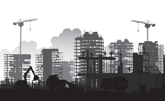 Plik wektorowy plac budowy silhouette building z dźwigami i wieżowcem oraz koparkami z równiarką