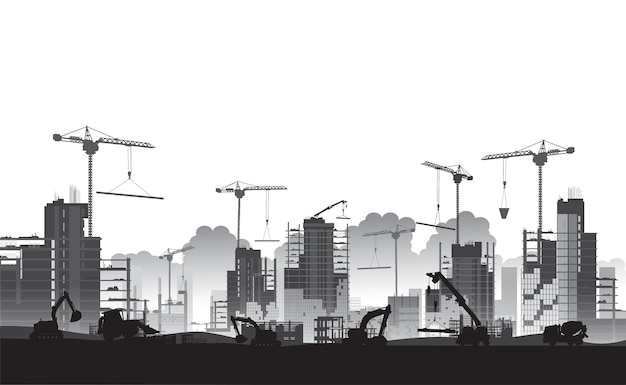 Plik wektorowy plac budowy silhouette building z dźwigami i wieżowcem oraz koparkami z równiarką