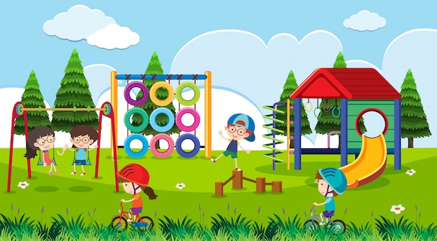 Plik wektorowy plac zabaw dla dzieci ze szczęśliwymi dziećmi w ciągu dnia