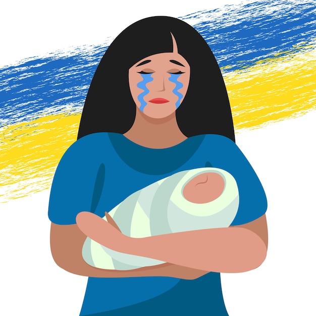 Płacząca kobieta z dziećmi w ramionach. Matka i dziecko na tle flagi Ukrainy