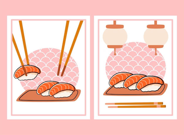 Plakat Baru Sushi. Zestaw Rolek Nigiri Z łososiem Z Pałeczkami. Ilustracja Wektorowa W Kolorze Różowym I Białym.