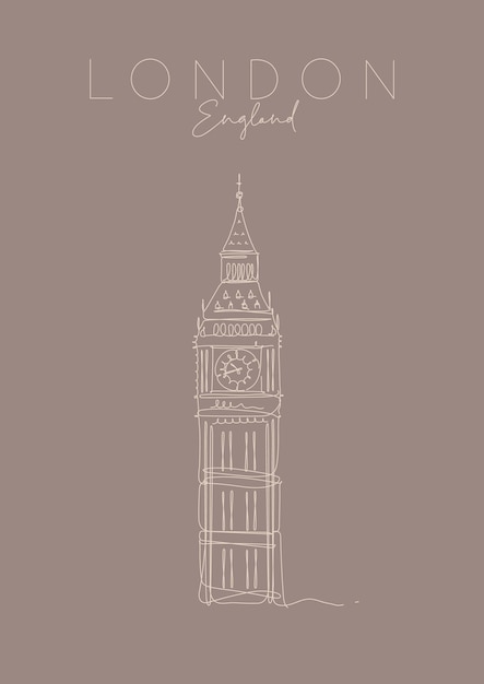 Plakat Big Ben Napis Londyn, Anglia Rysunek W Stylu Linii Pióra Na Brązowym Tle