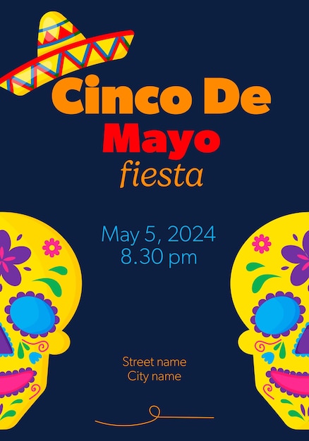 Plakat Cinco de Mayo lub szablon projektu ulotki z wesołą ozdobioną czaszką