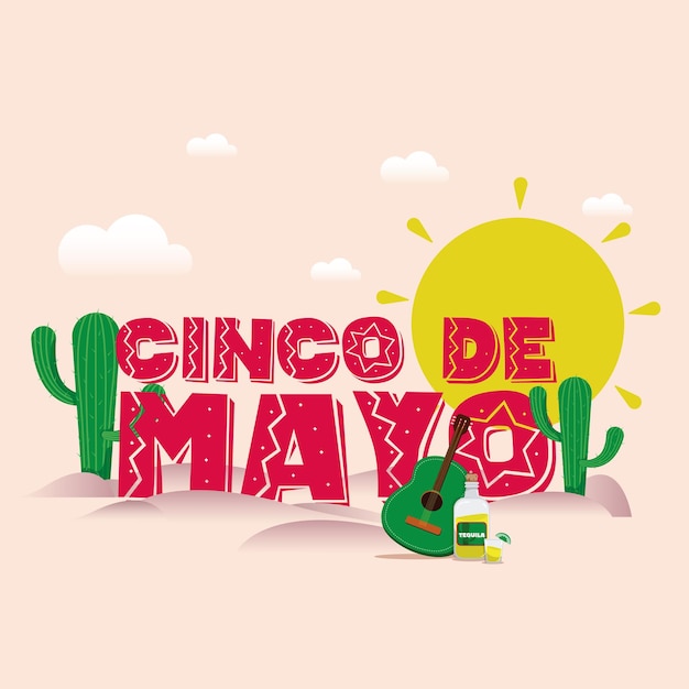 Plakat Cinco De Mayo Z Kaktusem I Gitarą Ilustracja Wektorowa