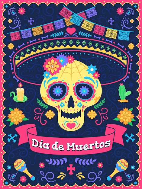 Plakat Dia De Los Muertos. Martwy Dzień Wakacje, Czaszka Z Kwiatami, Wstążkami I Tekstem, Tradycyjny Meksykański Festiwal łaciński, Tło Wektor. Kolorowe Flagi, świeca I Kaktus, świętowanie